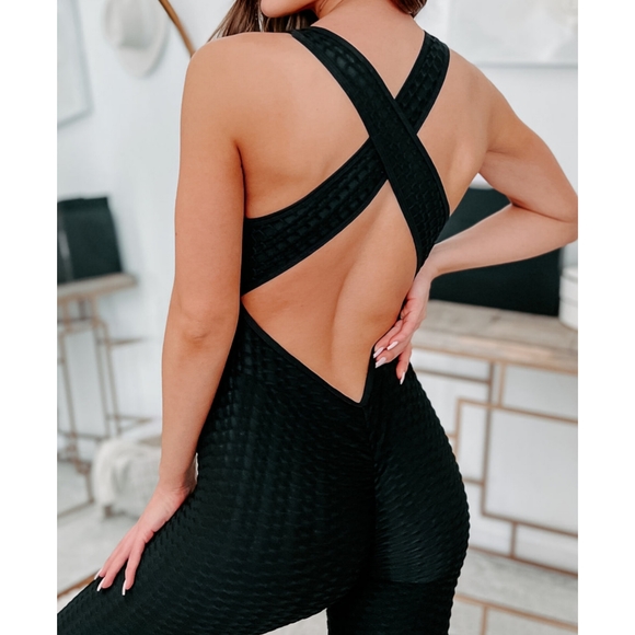 . Up In The Gym Black One Piece Ruched Workout Jumpsuit - Picture 3 of 11